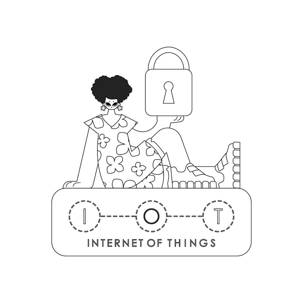 un ilustración de un mujer participación un bloquear para proteger iot datos, en un Derecho vector estilo