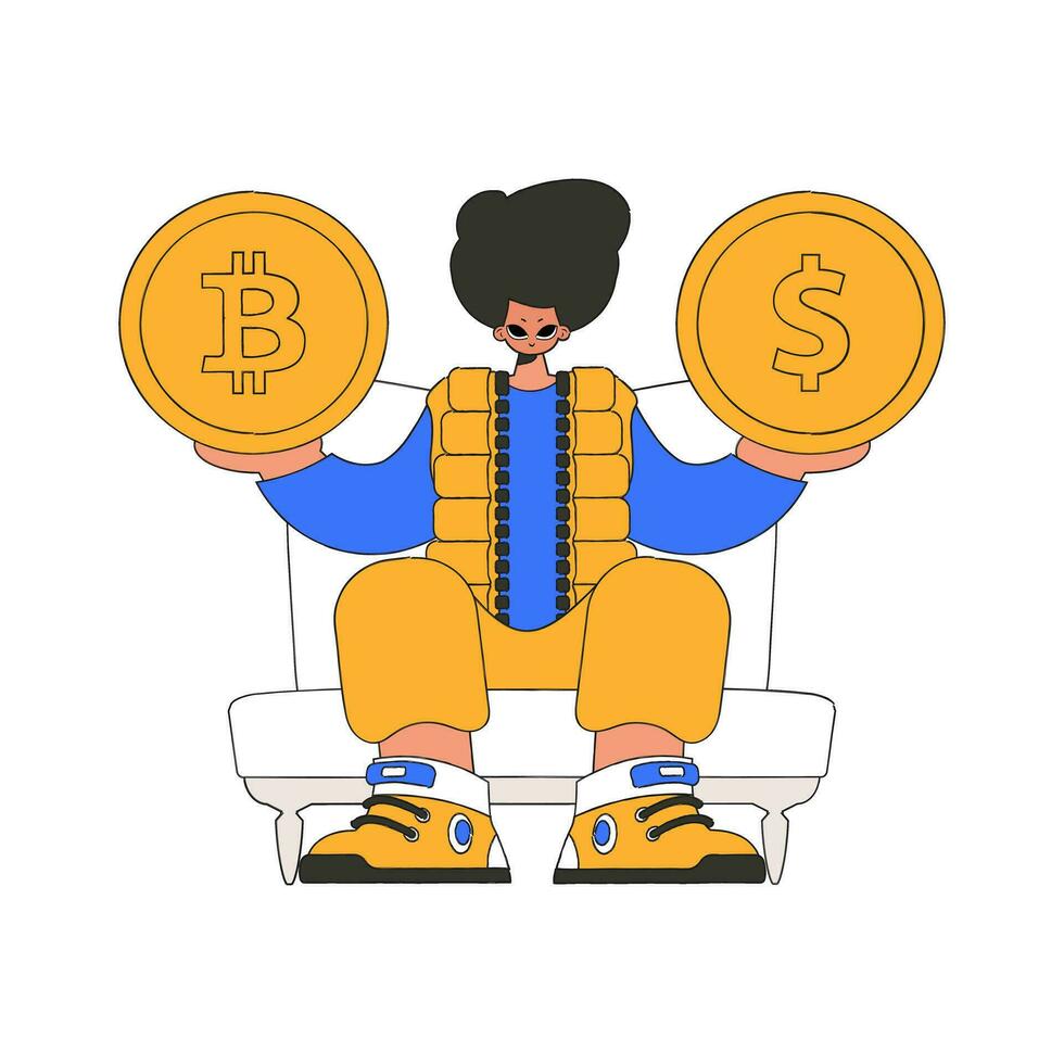 A man holds a coin of bitcoin and dollar in his hands. Character trendy style. vector