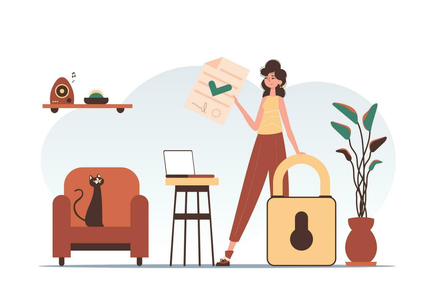 Data protection concept. Smart contract. The girl is holding a document. Modern style character. vector