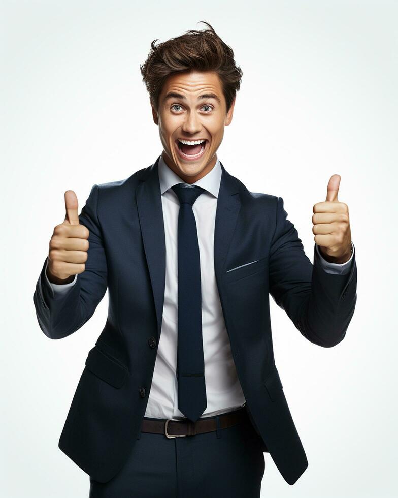 Ai generative photo business concept portrait of excited man dressed in formal wear giving thumbs up