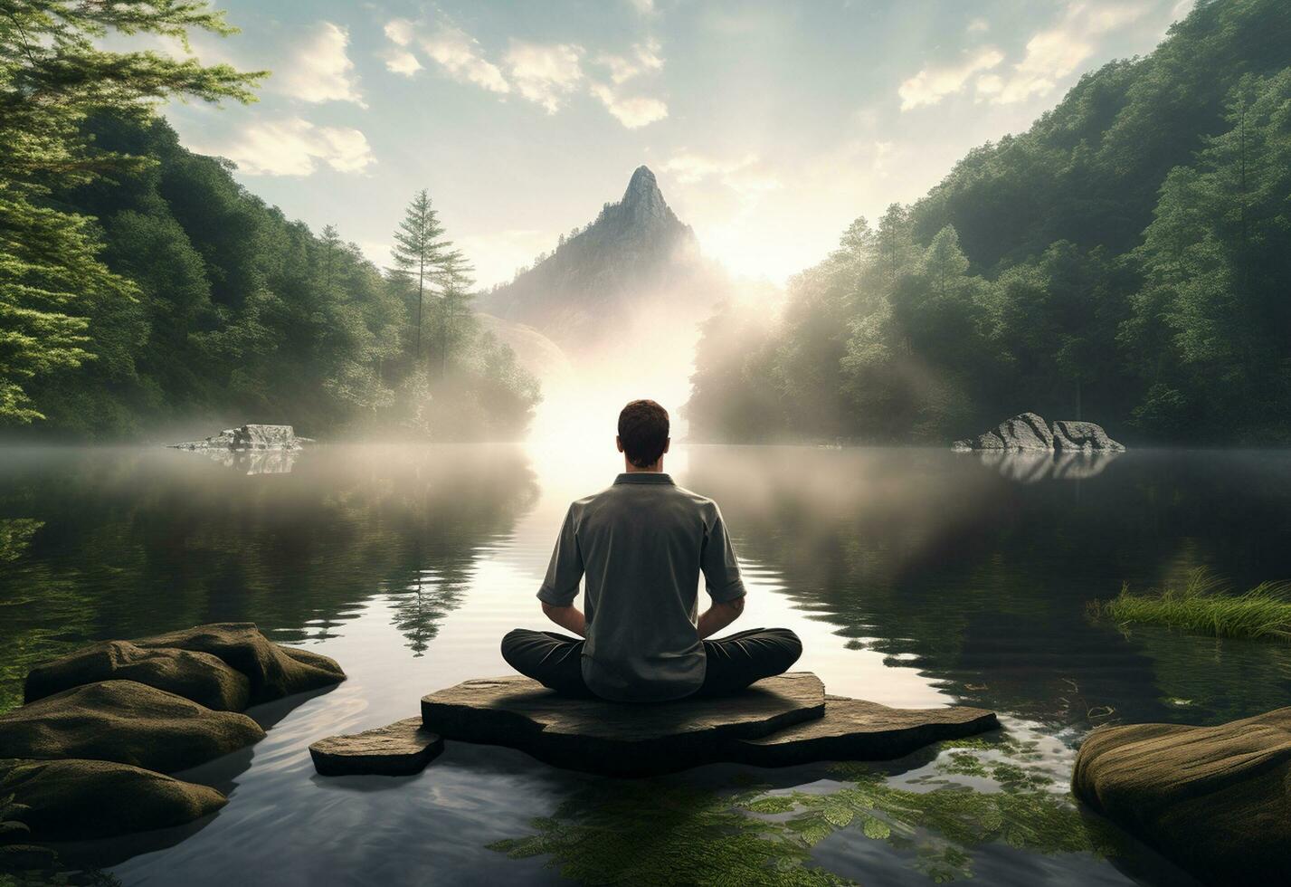 ai generative photo of a man practicing mindfulness and meditation in a peaceful natural environment sony A7s realistic image, ultra hd, high design very detailed
