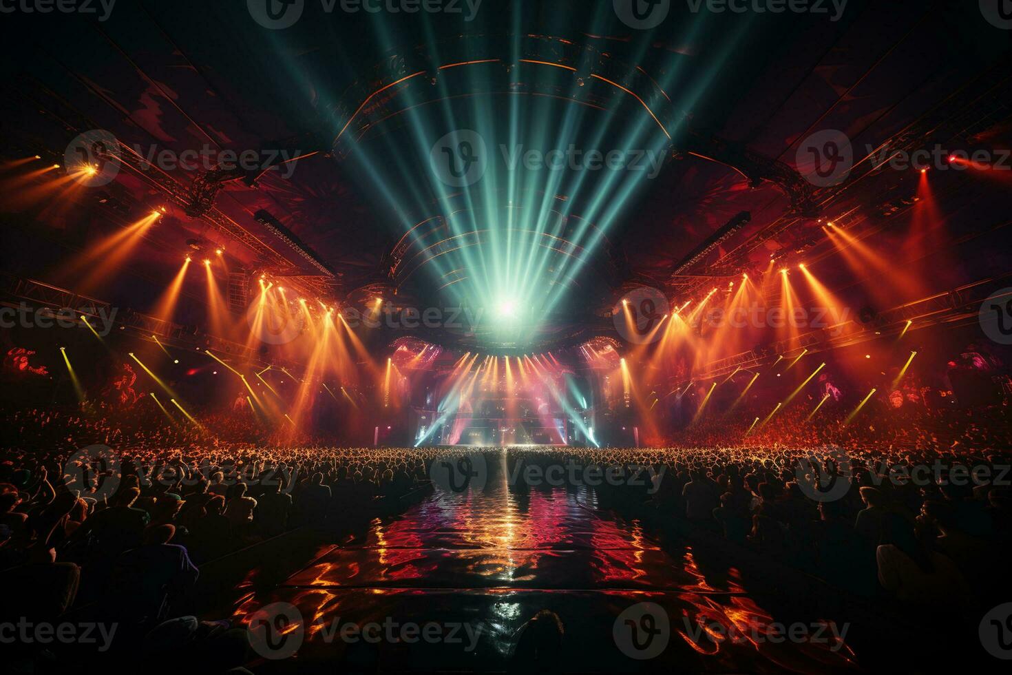 Ai generative Crowded Concert Stage Scenery With Spotlights and Colored Lights realistic image, ultra hd photo