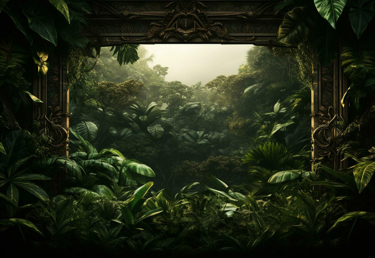 Ai Generative Beautiful jungle background with border made of tropical leaves backdrop with copy space photo