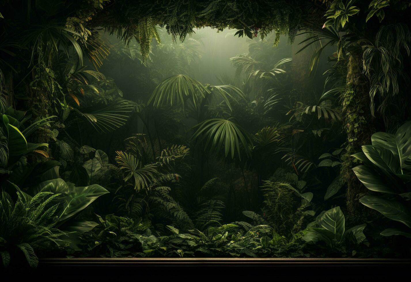 Ai Generative Beautiful jungle background with border made of tropical leaves backdrop with copy space photo