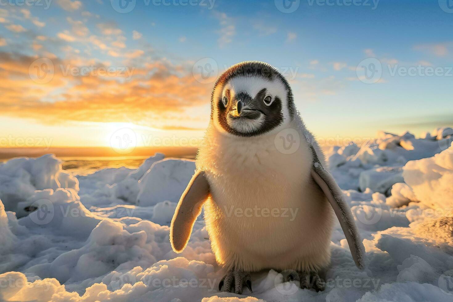 Portrait of a lively penguin in a snowy scene with a serene sunset backdrop photo