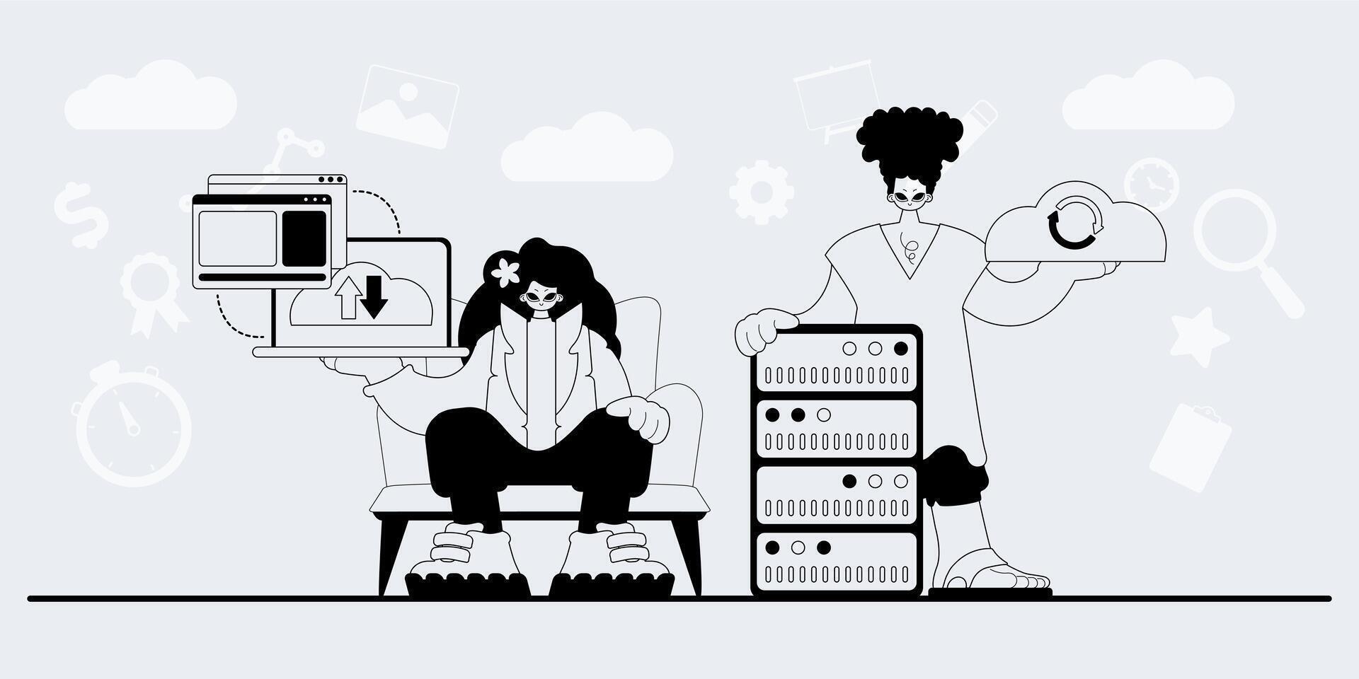 Two people sitting in a chair with a computer and a phone vector
