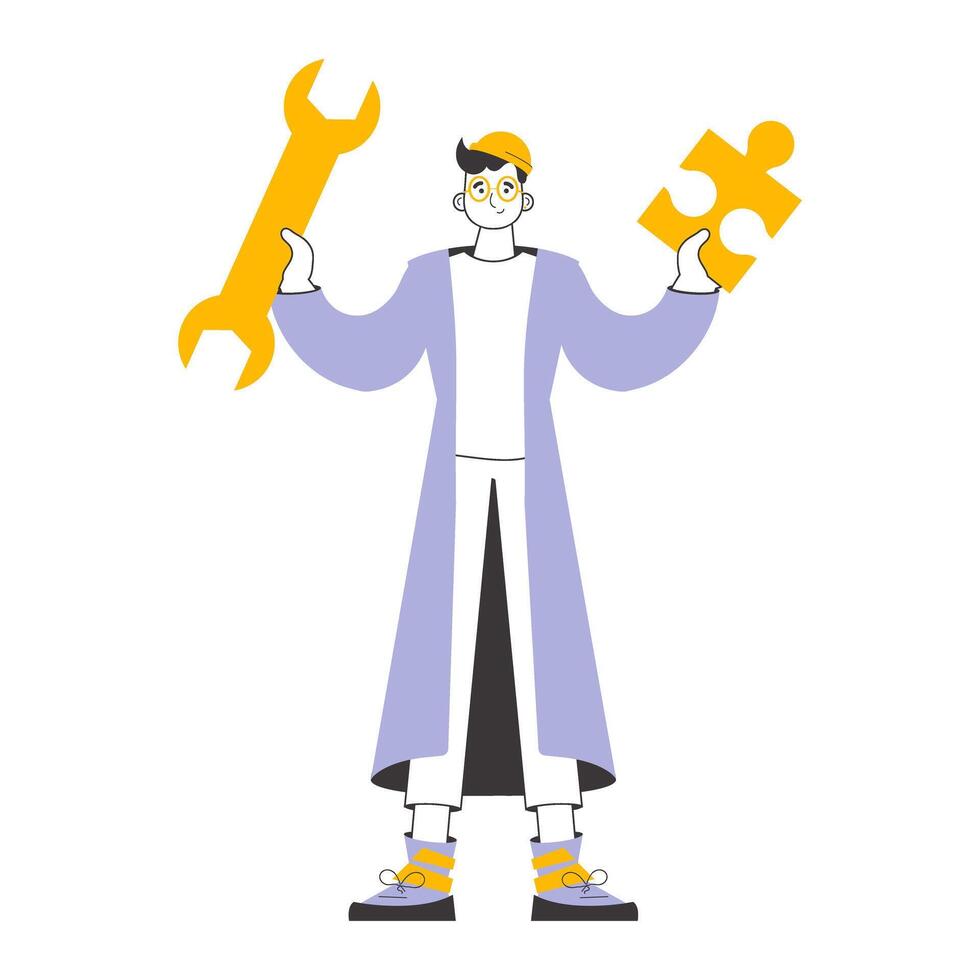 The guy is holding a wrench and a puzzle. Teamwork theme. Linear trendy style. Isolated. . vector