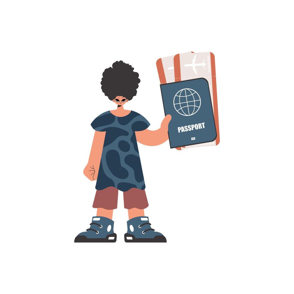 The individual holds a visa and see at tickets in his hands. Kept on white establishment. Trendy style, Vector Illustration