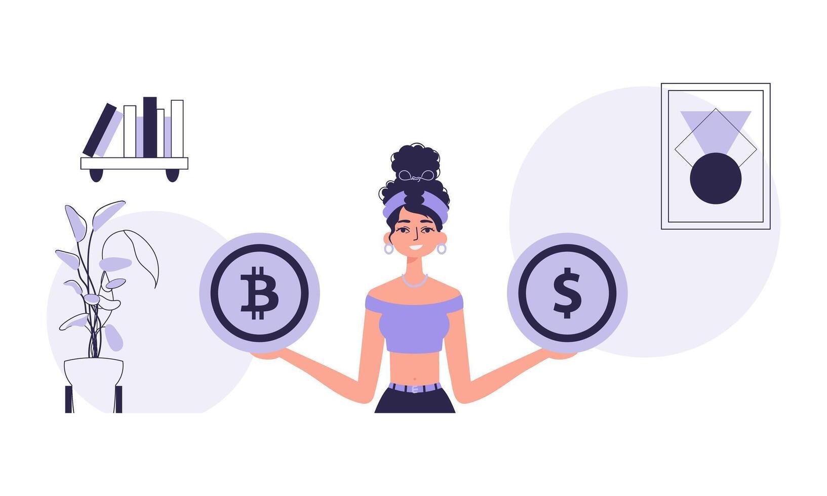 The concept of mining and extraction of bitcoin. A woman holds a coin of bitcoin and dollar in her hands. Character with a modern style. vector