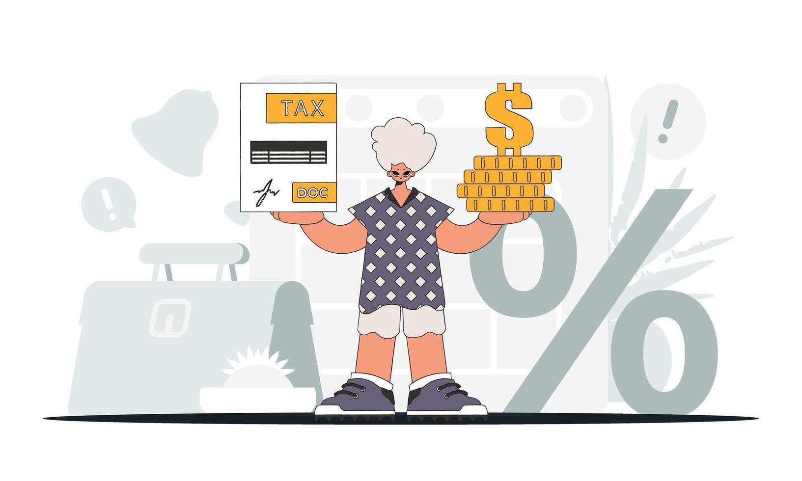 A well-dressed man holds a tax form and coins in his hands. An illustration demonstrating the importance of paying taxes for economic development. vector
