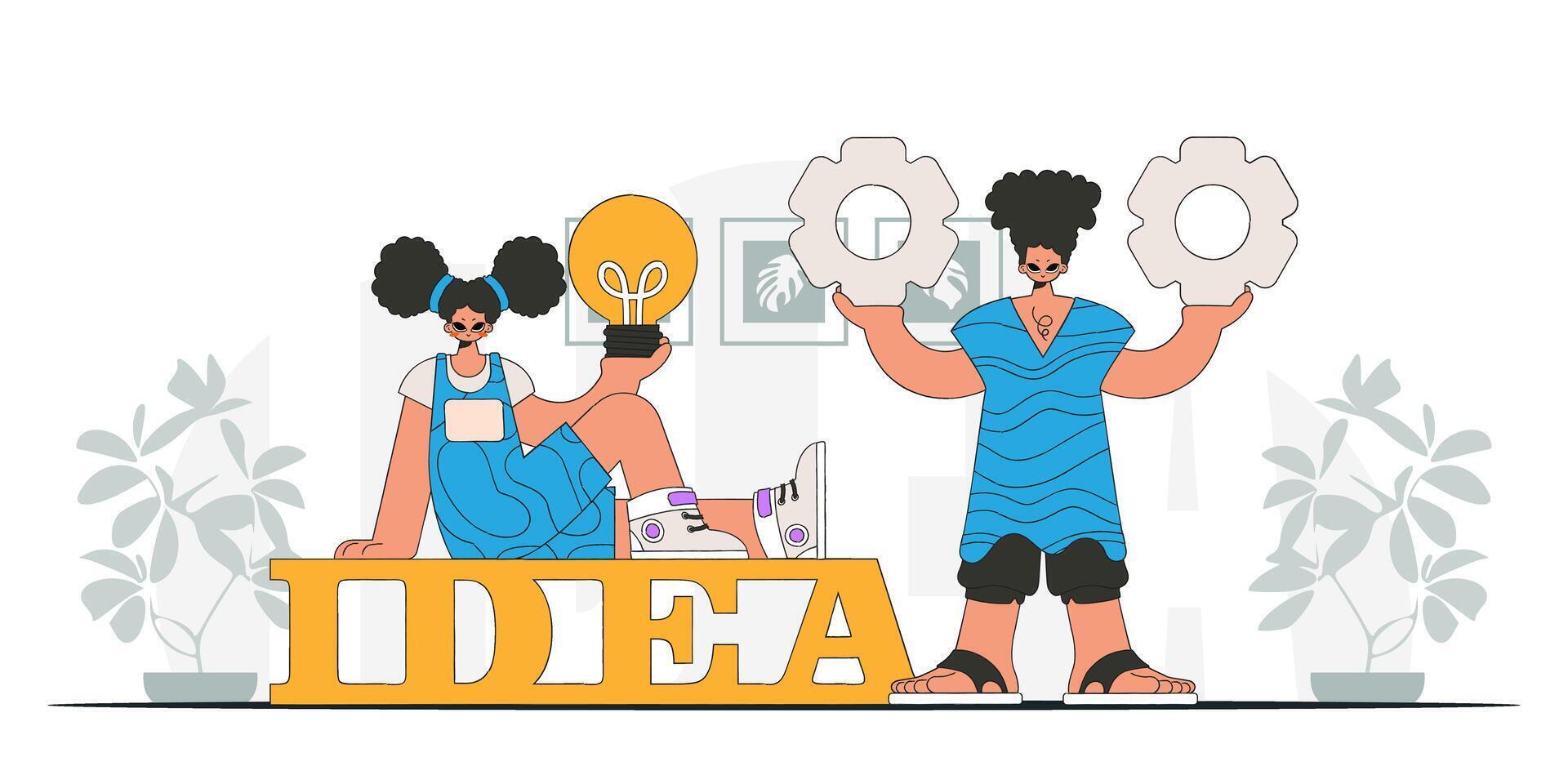 A chic team solves problems and generates ideas. Light bulb and gears in their hands. Idea concept. trendy character. vector