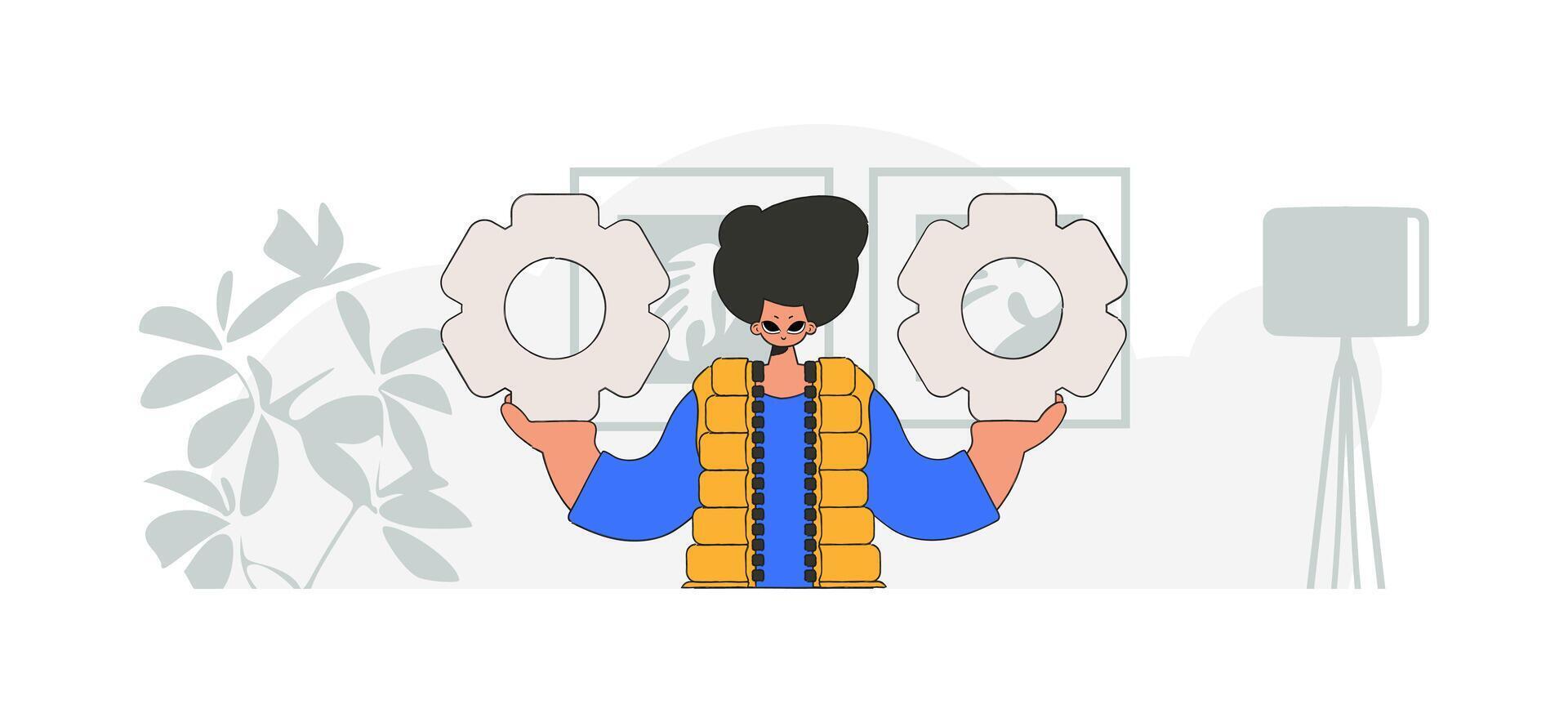 Elegant guy holding gears. Illustration on the theme of the appearance of an idea. vector