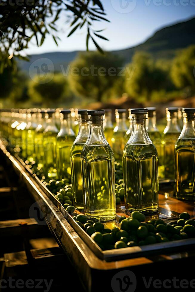 Traditional olive oil bottling line amidst lush green olive groves photo