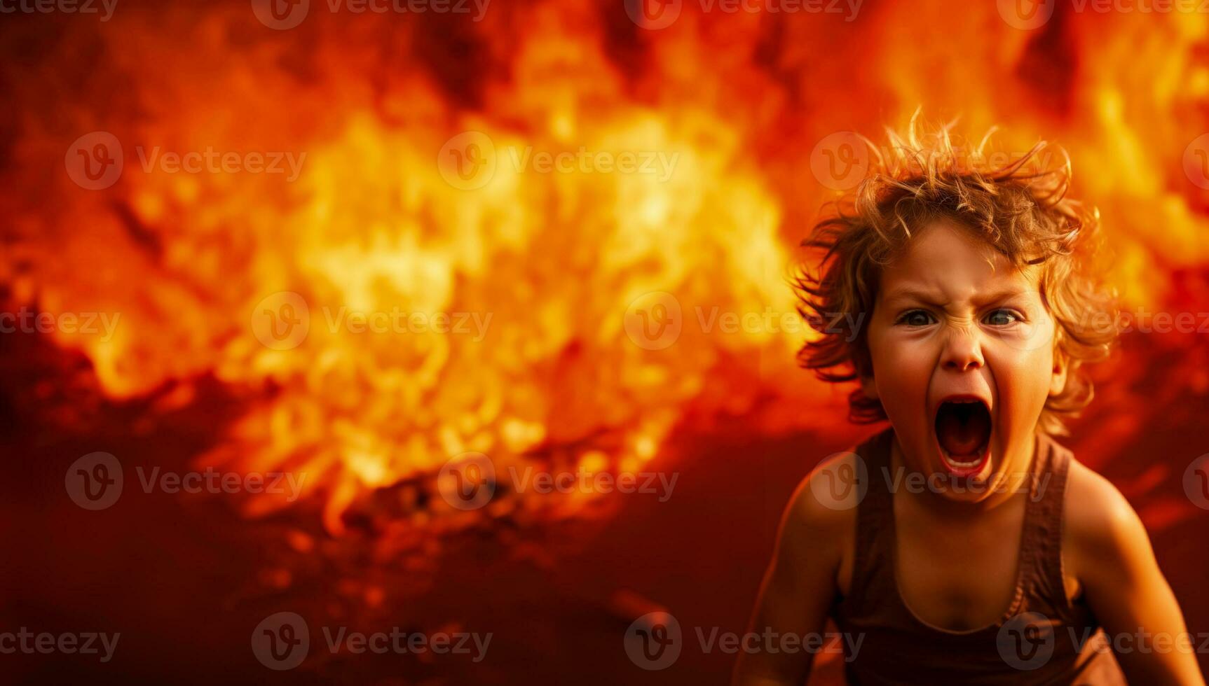 A child screaming in frustration isolated on a fiery red gradient background photo