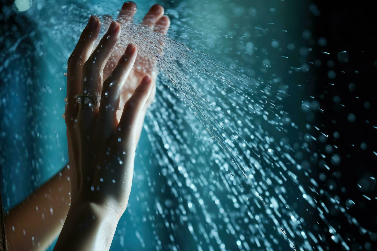 Washing in a shower, blue light photo