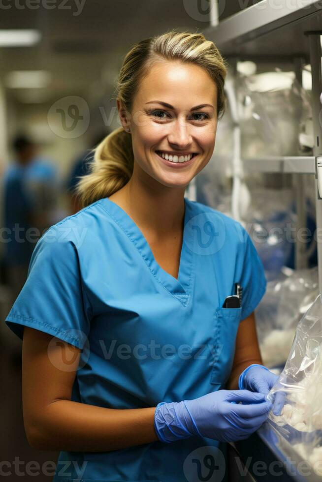 Health professional in lab demonstrating correct glove removal technique photo