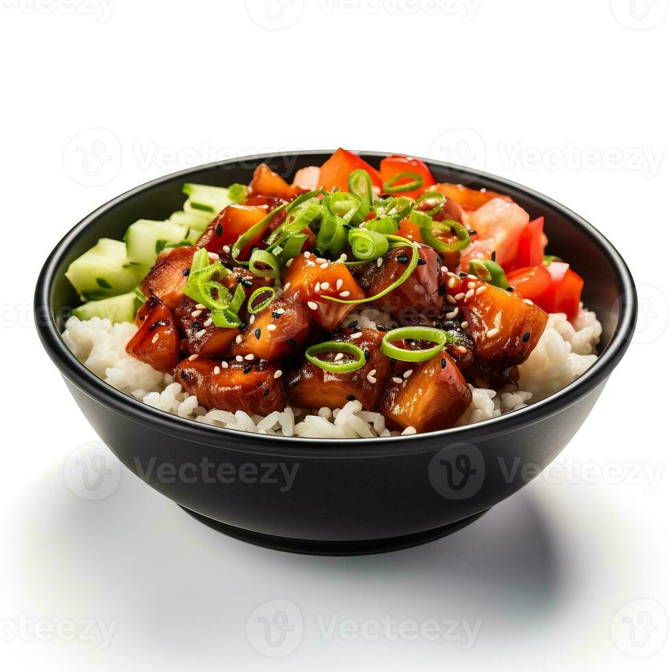 Hawaiian poke bowl with octopus isolated on white background side view photo