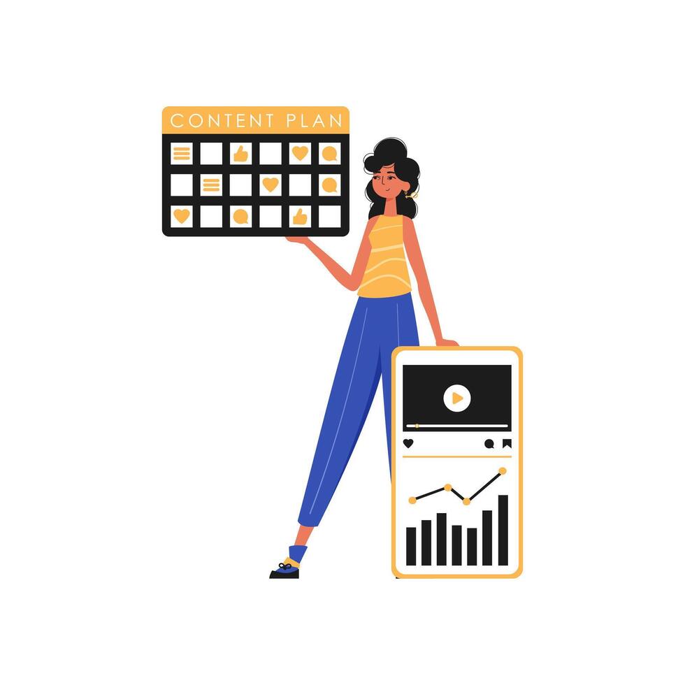 A woman holding a laptop and a calendar with a content plan vector