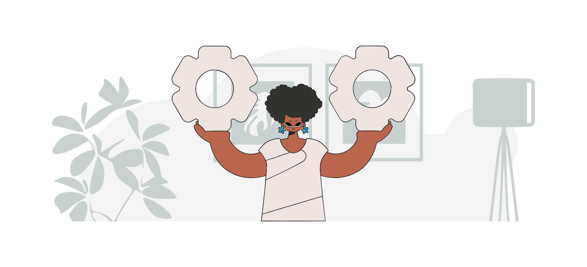 An elegant girl is holding gears. Idea theme. Retro trendy style. vector