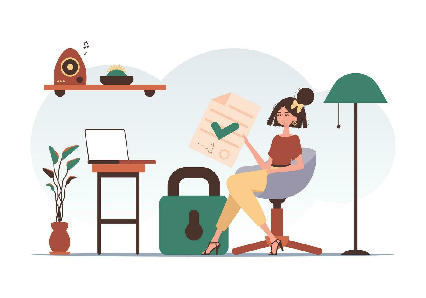 datos proteccion concepto. inteligente contrato. un mujer se sienta en un silla y sostiene un documento en su manos. tendencia estilo personaje. vector