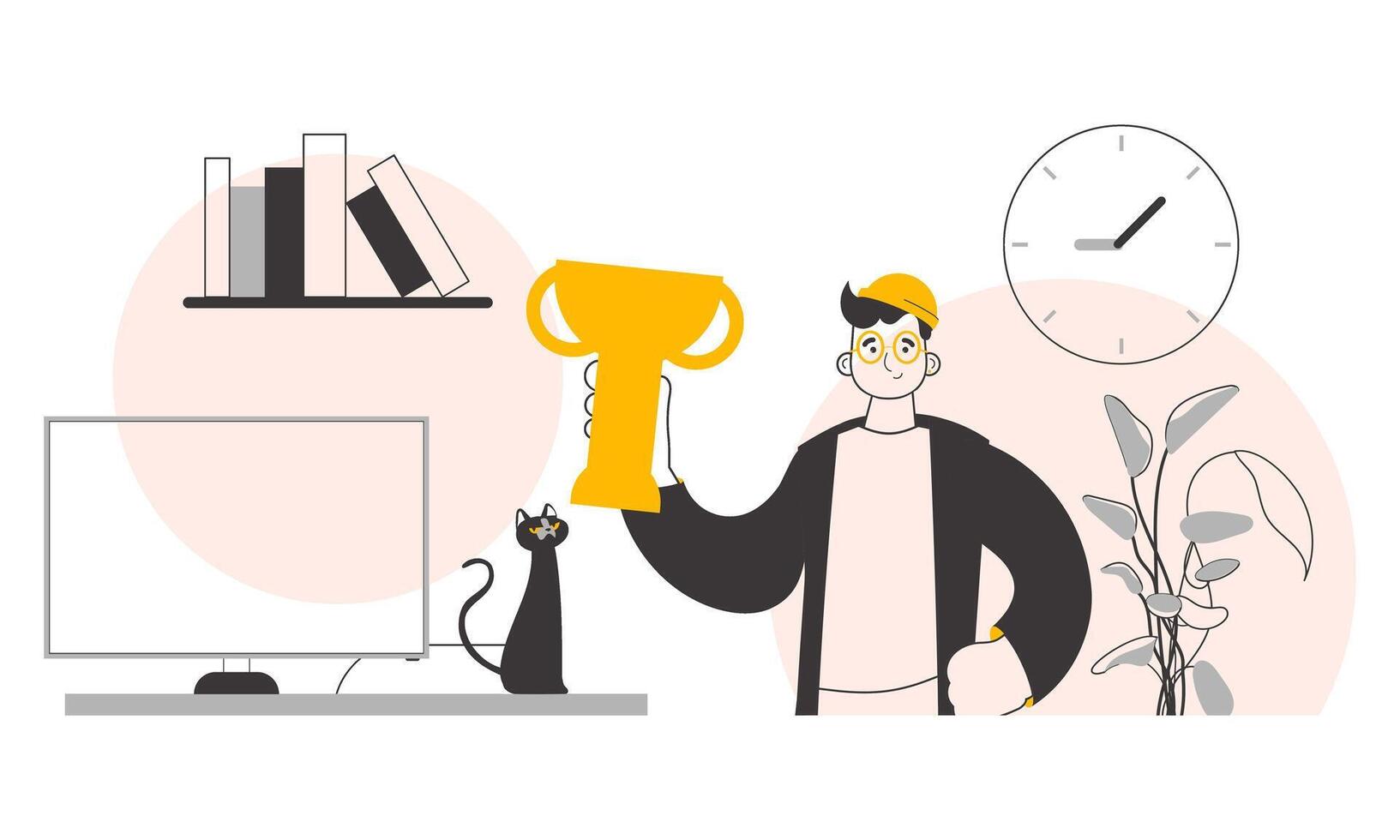 The guy is holding a cup. Line art style. . vector