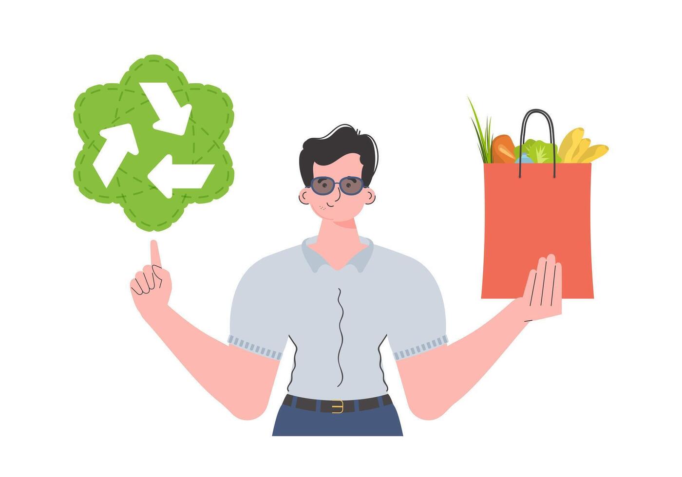 The man is depicted waist-deep and holds a package with healthy food in his hands and shows an icon. Isolated. Trend illustration. vector
