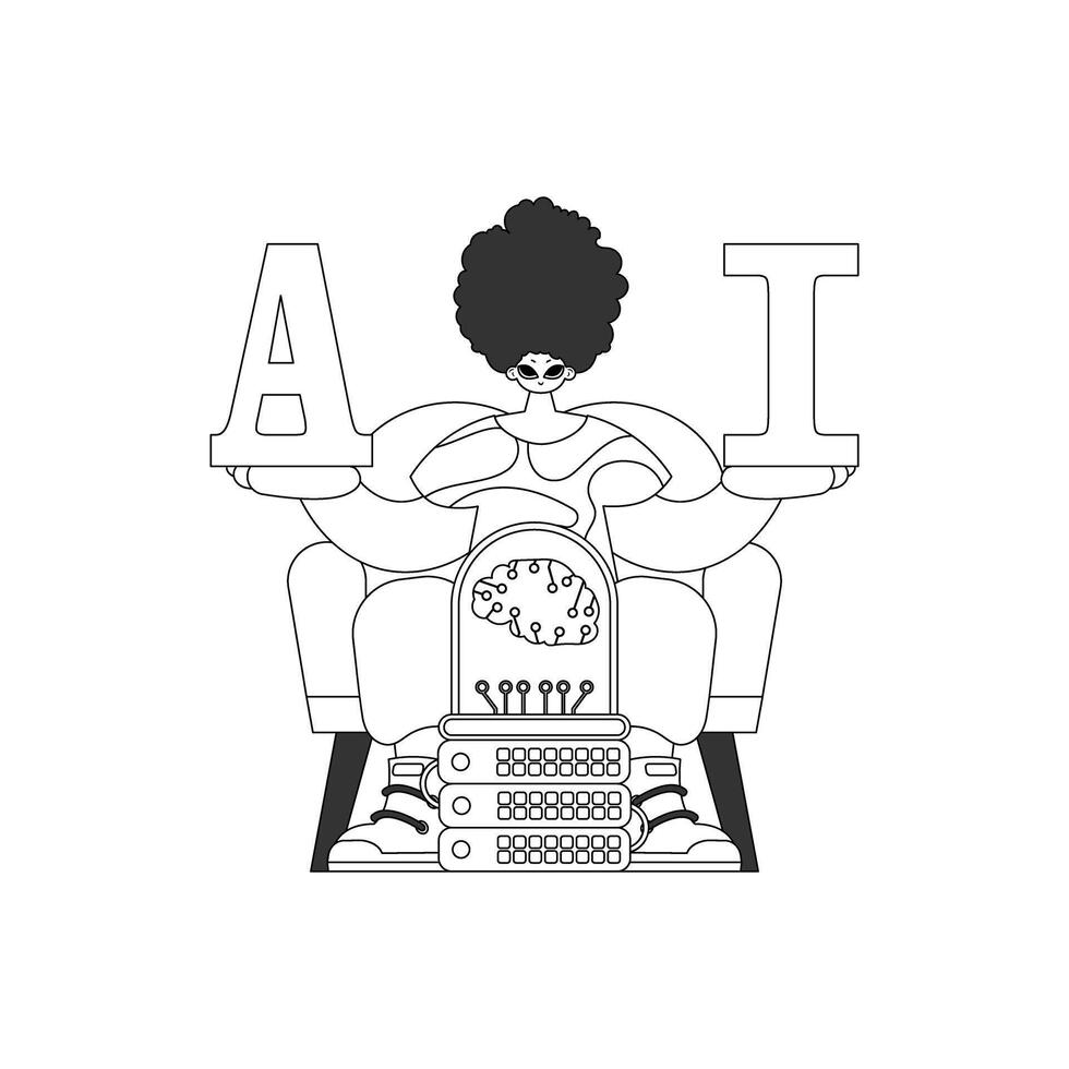 He grasps letters AI in his palm, hinting an AI concept, drawn in a linear vector style