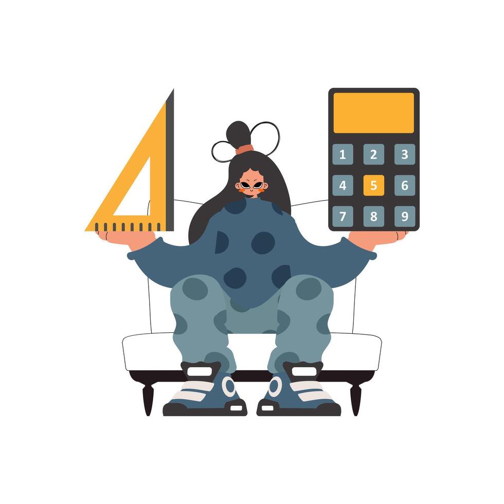 The energetic lady holds a ruler and a calculator in her hands, kept on a white foundation. Trendy style, Illustration vector