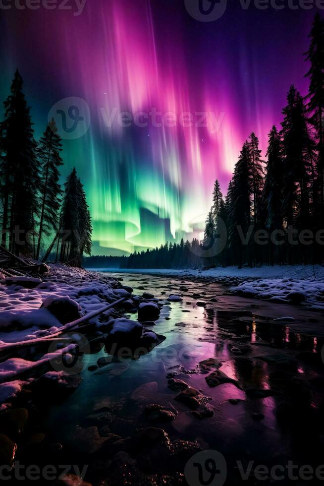 Vivid streaks of green and purple dance across the night sky enchanting onlookers with the mesmerizing Aurora Borealis spectacle photo