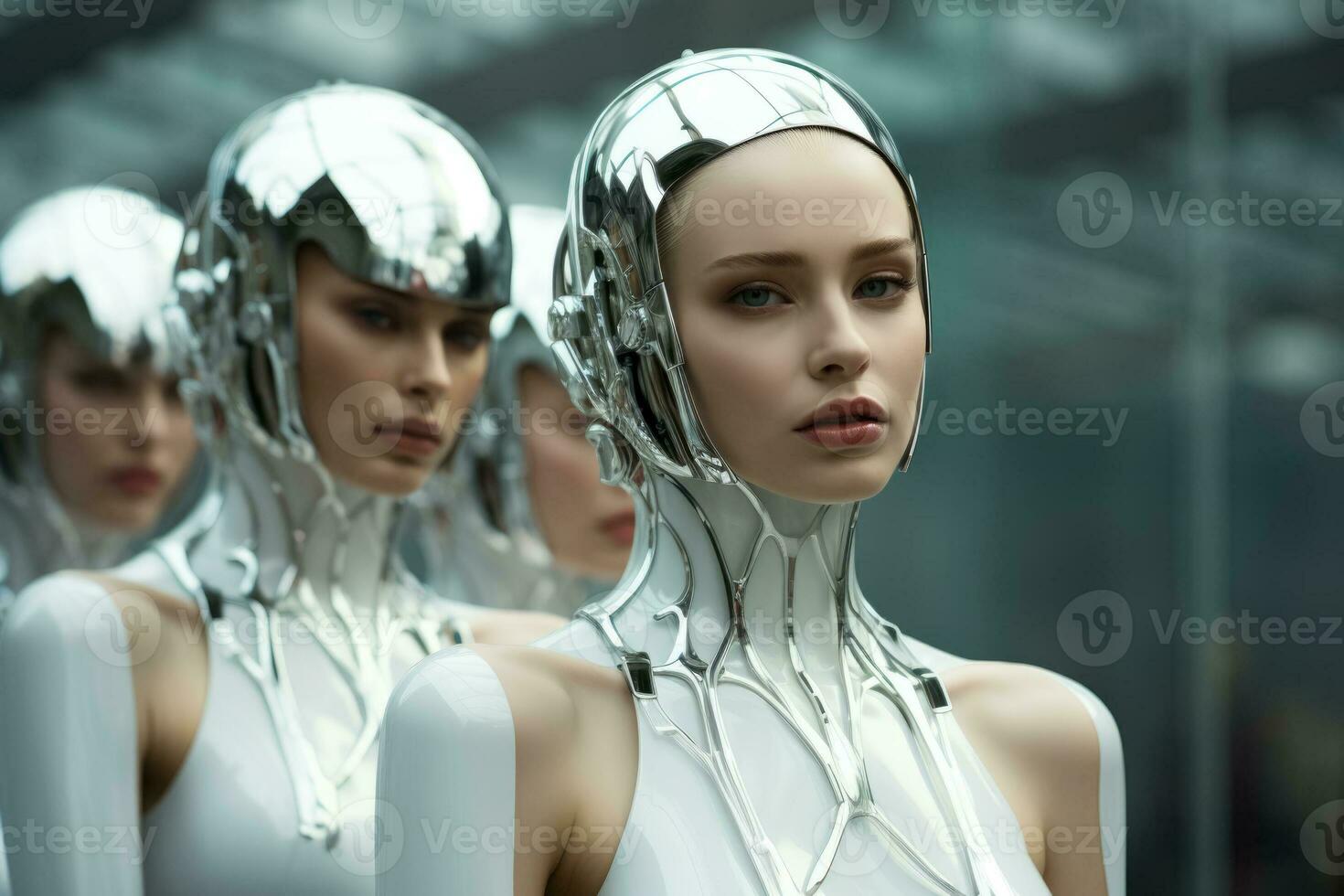 cibernético mujer vestido en minimalista metálico atuendo rezumando vanguardia futurismo en un monocromo ajuste foto