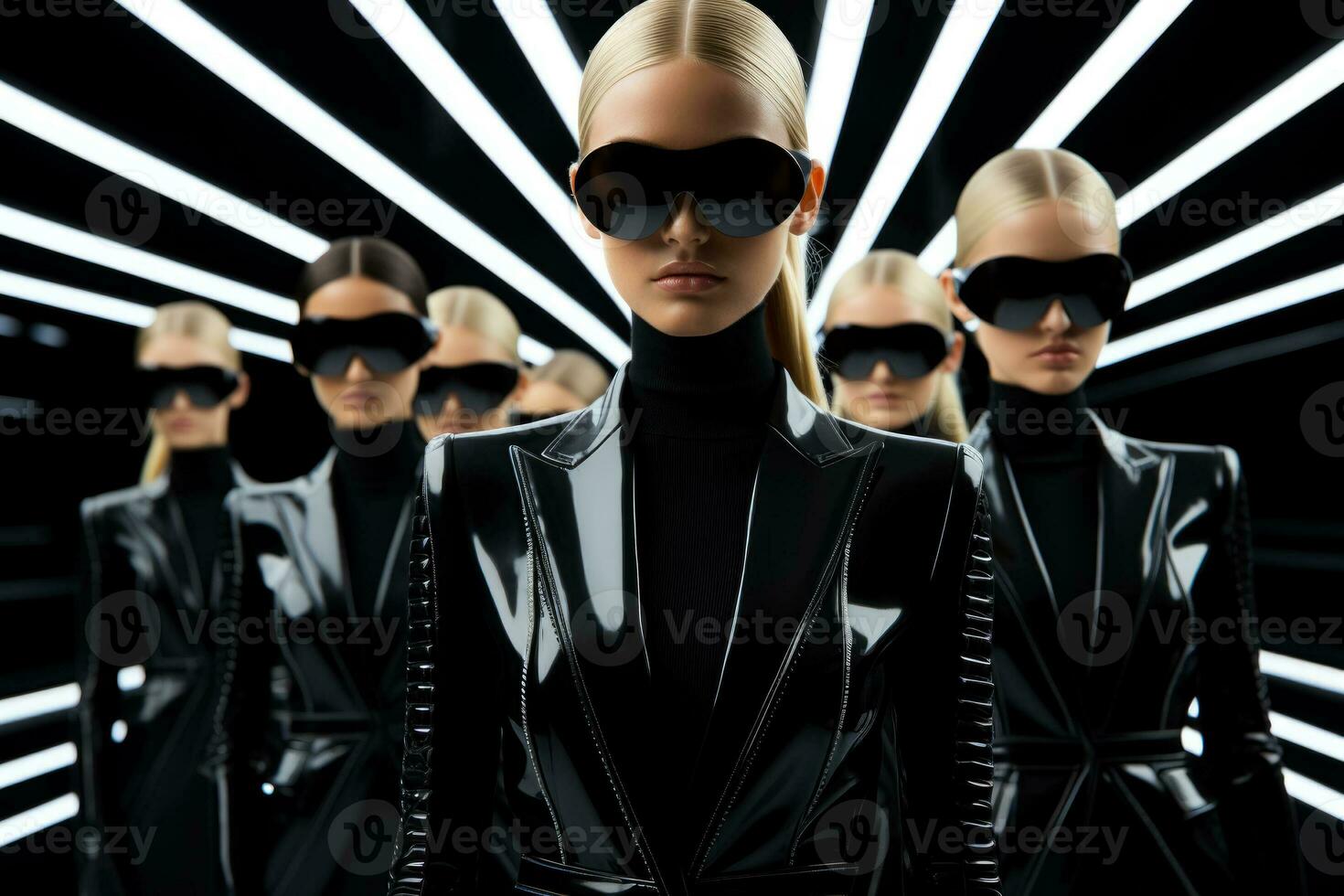 futurista modelos en pulcro monocromo trajes reflejando ciencia ficción elegante en un neón cuadrícula pista foto