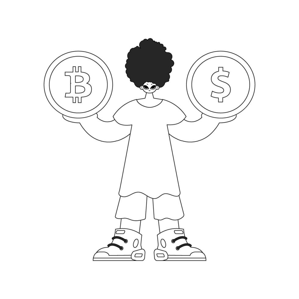 Charming man holding bitcoin and dollar coin. Linear black and white style. vector