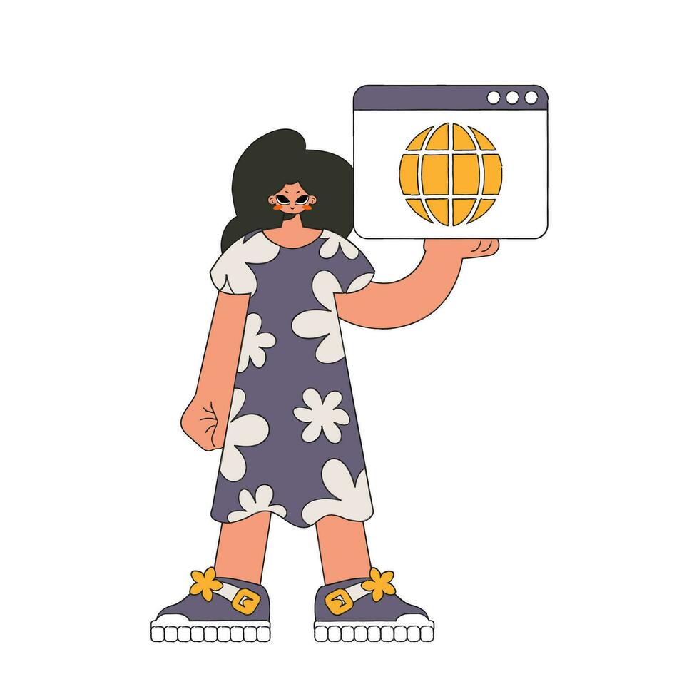 A bright and stylish illustration of a girl using a web browser. Bright trend character. vector