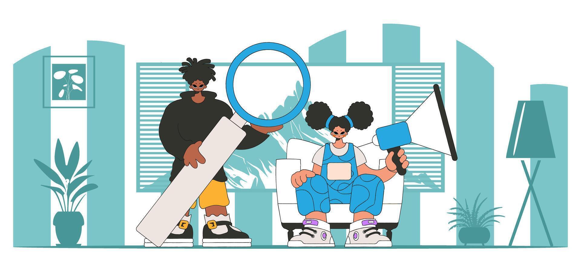 Vector illustration of HR representative team. A young girl sits in a chair and holds a megaphone in her hand.