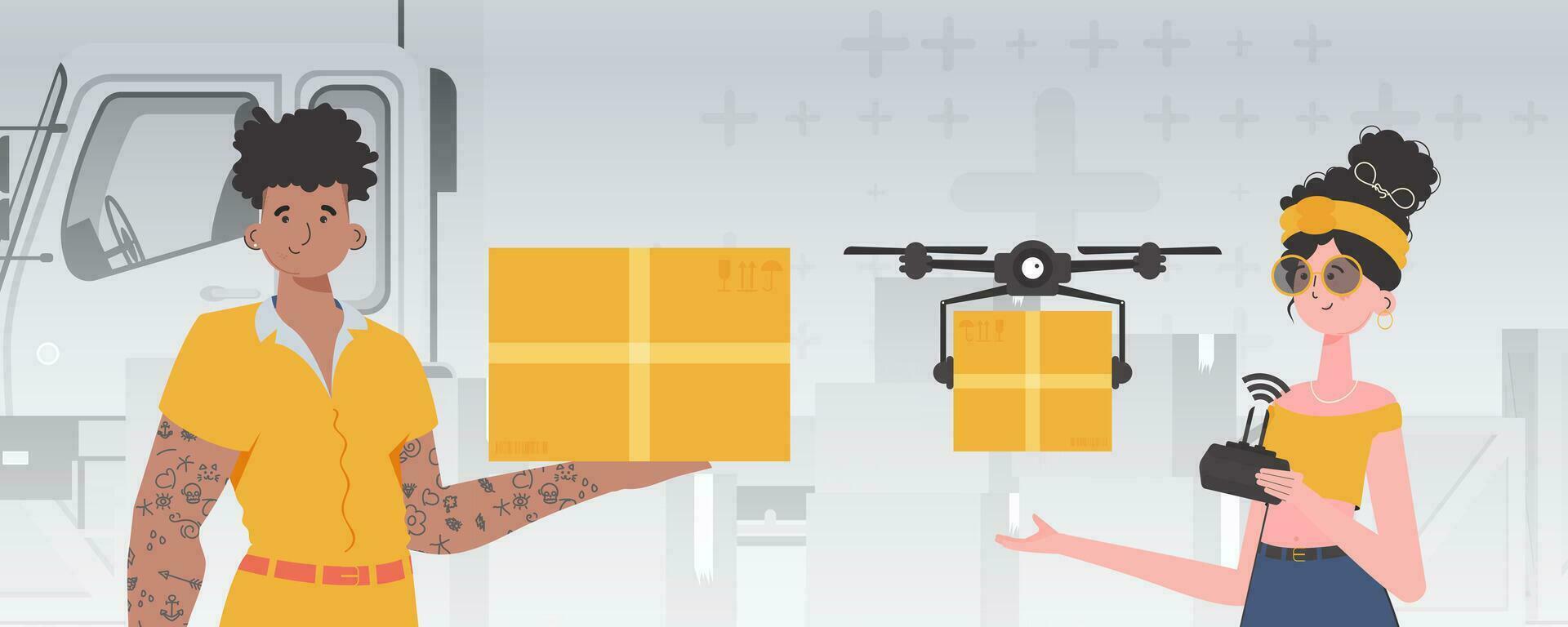 Humanitarian aid concept. The drone is transporting the parcel. Man and woman with cardboard boxes. Vector. vector