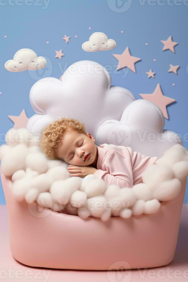 A baby calmly napping on a whimsical cloud bed isolated on a pastel gradient background photo