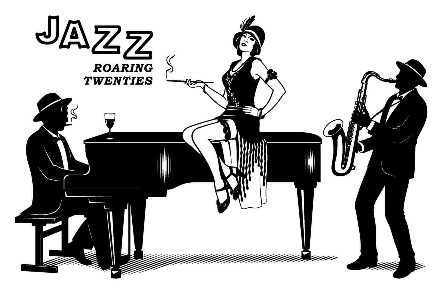 rugido veinte años. estilo de vida 20 años. joven a la moda niña sentado en un piano, pianista y saxofonista jugando jazz. negro y blanco tinta estilo vector ilustración. todas cifras y elementos son el separar objetos