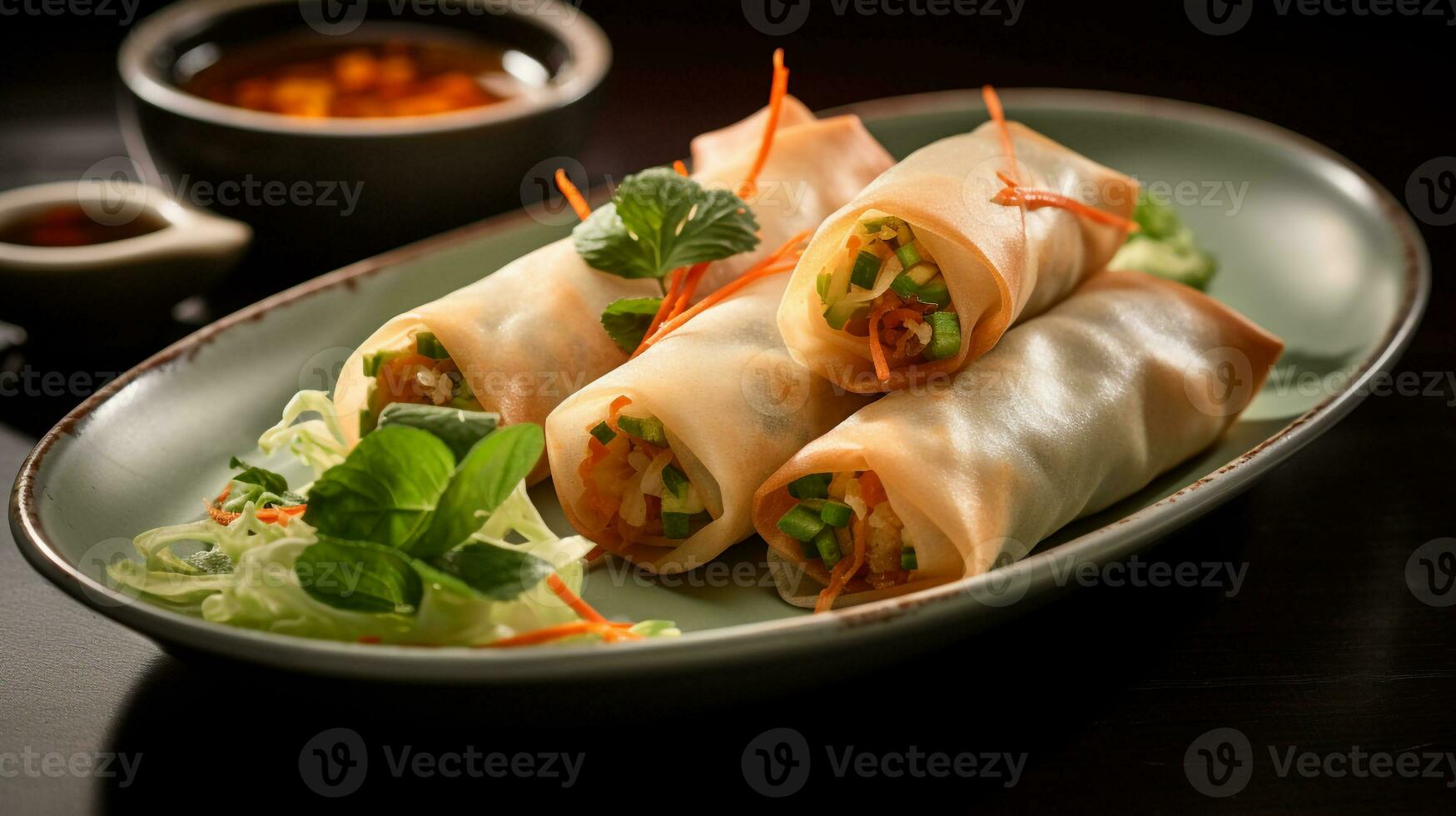 Photo of Vegetarian Spring Rolls as a dish in a high-end restaurant. Generative AI