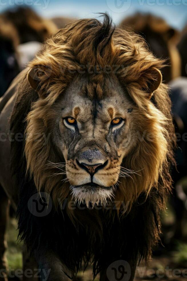 un feroz mirar hacia abajo Entre un territorial masculino león y un paquete de hienas luchando para un recién delicado ñu cuerpo foto