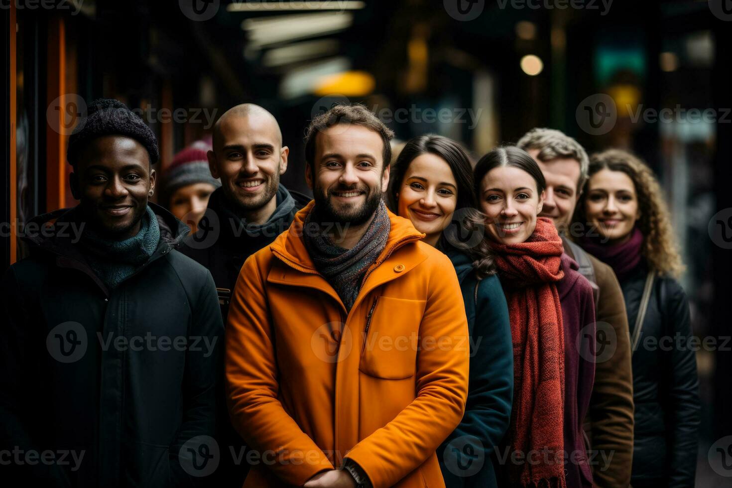 Diverse individuals calmly queueing patiently waiting their turn in line photo