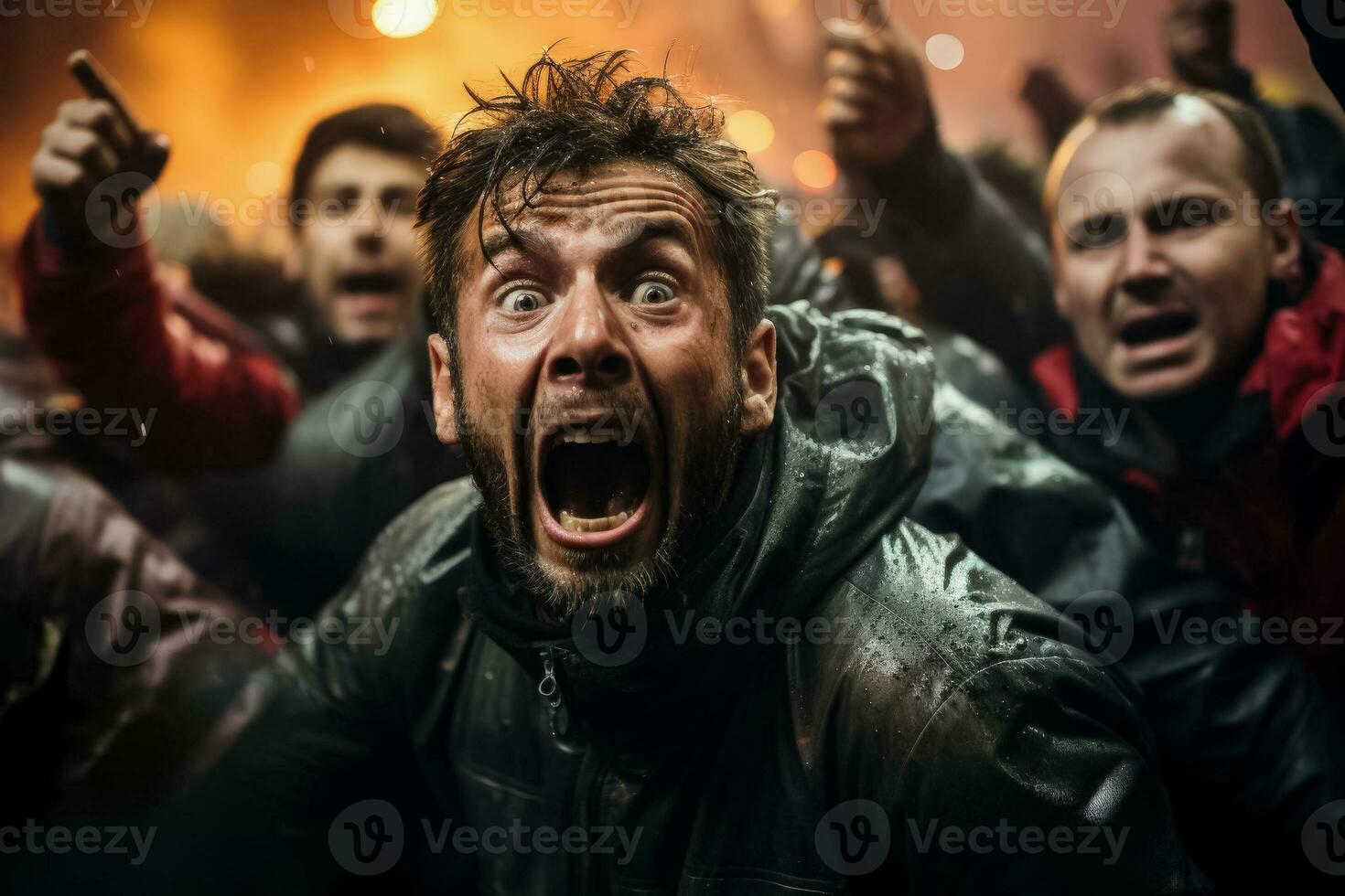 un de cerca foto capturas intenso expresiones y apretado puños como rival equipos choque durante un calentado fútbol partido