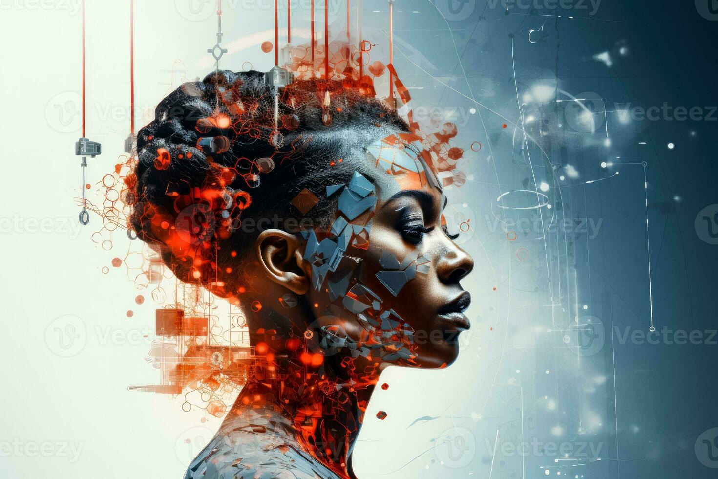 Double exposure of young black woman and AI communication network concept for banners or ads photo