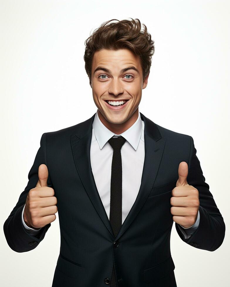 Ai generative photo business concept portrait of excited man dressed in formal wear giving thumbs up