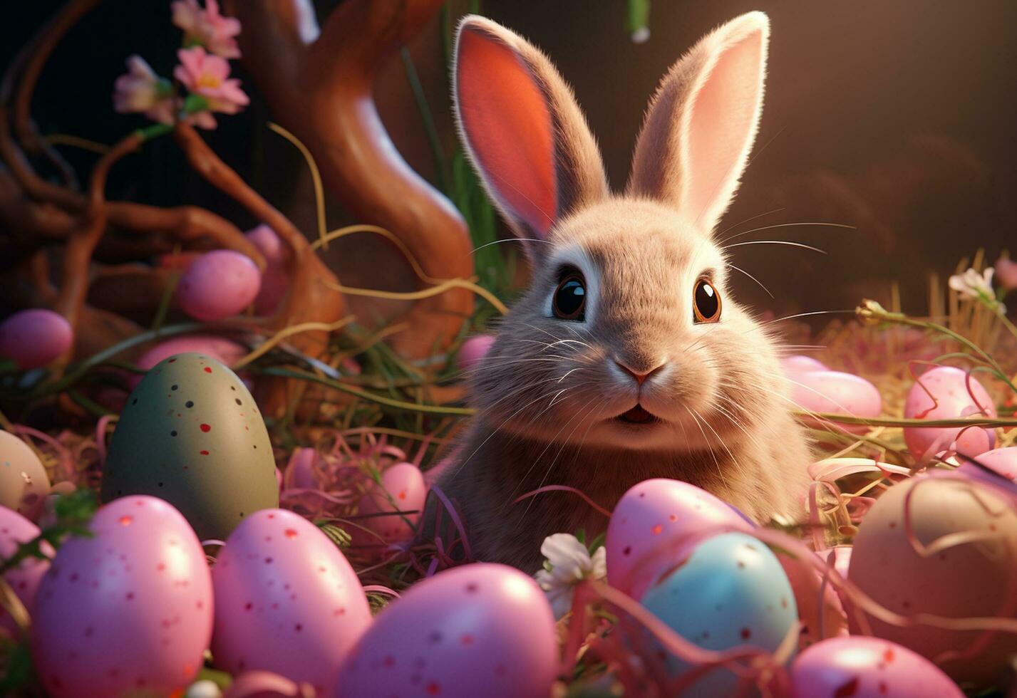 Ai generative photo happy bunny with many easter eggs on grass festive background for decorative design