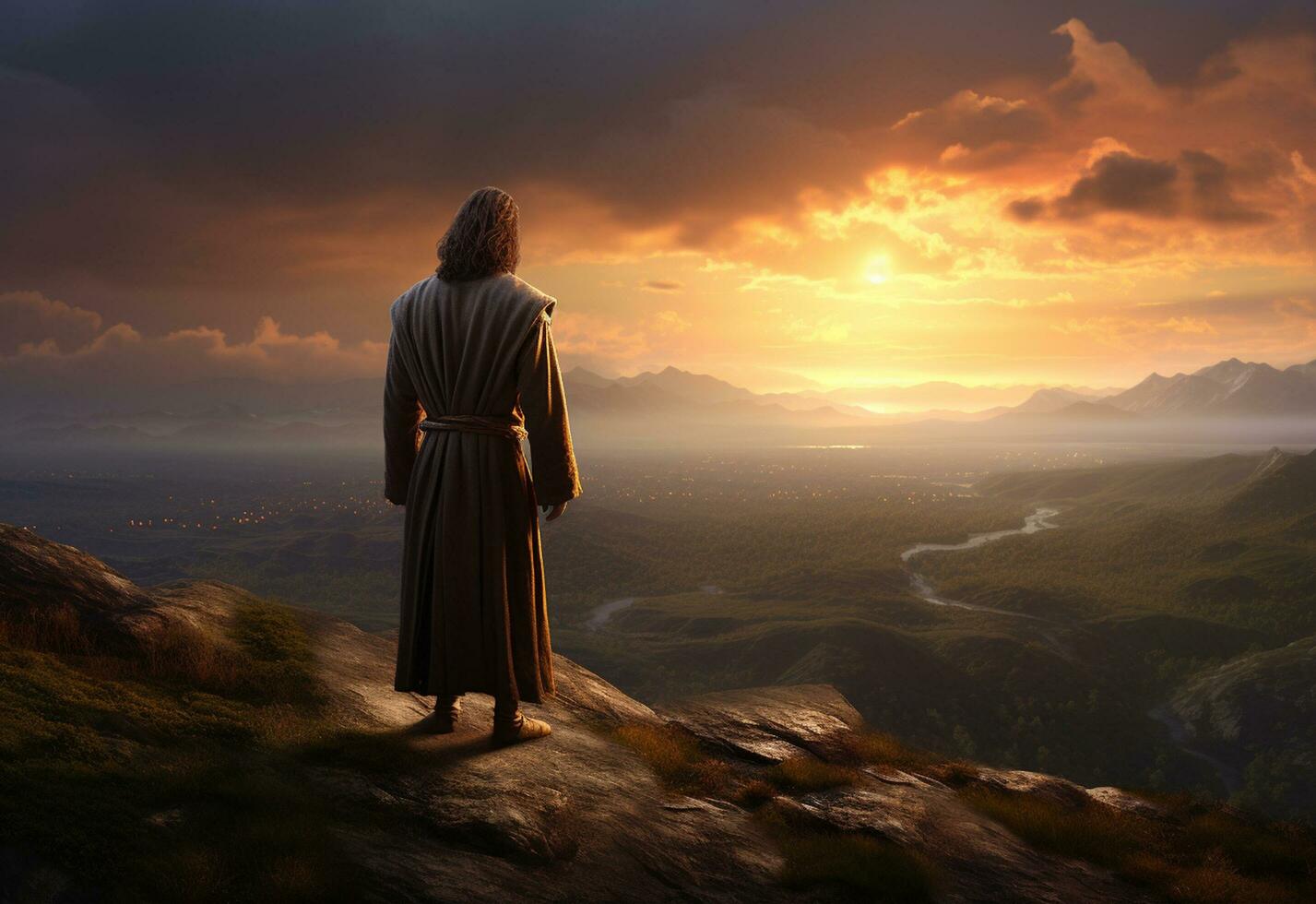 ai generativo Jesús Cristo en el colinas a puesta de sol en perno realista imagen, ultra alta definición, alto diseño muy detallado 8k foto