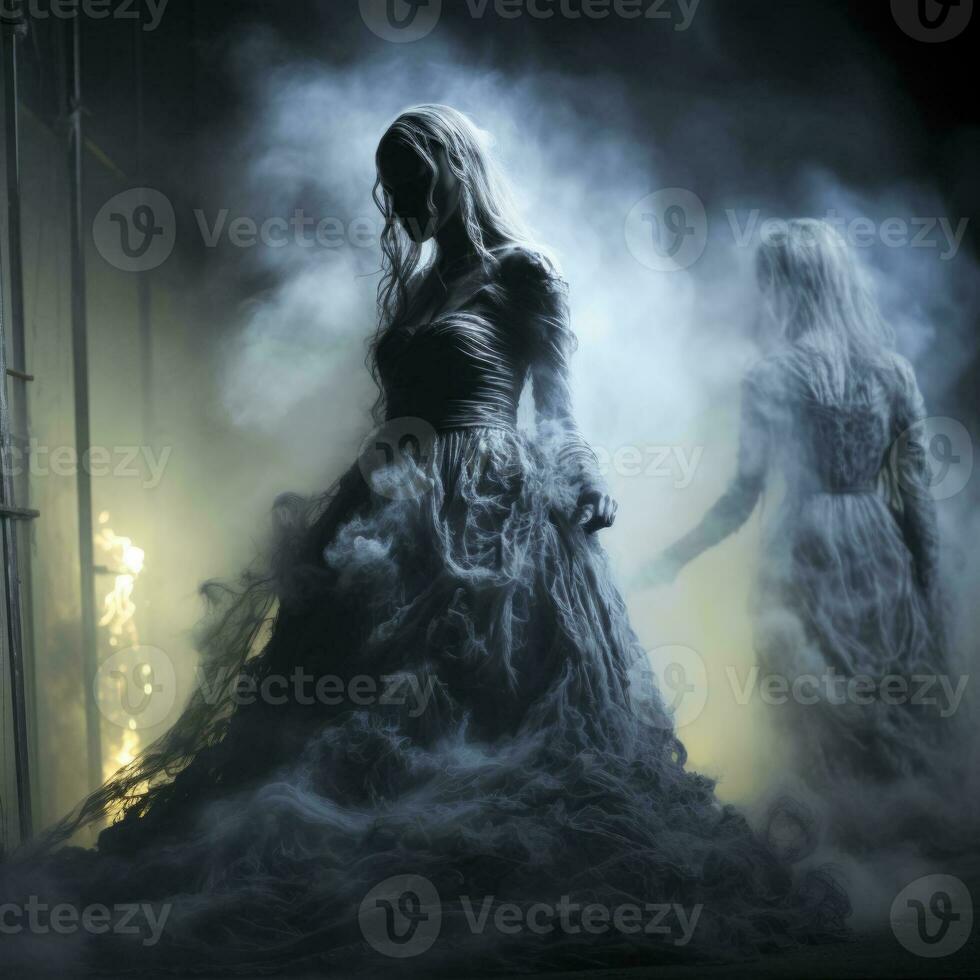 Mysterious ethereal beings emerge from the shadows their luminous forms intertwined with billowing tendrils of enchanting smoke photo