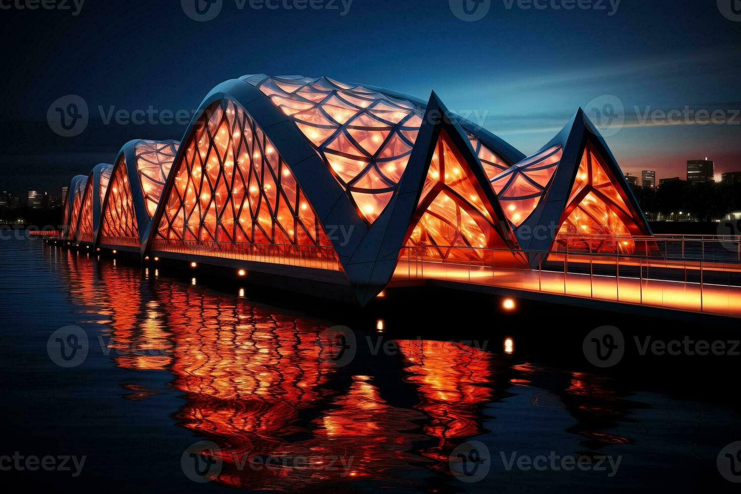 Contrasting lights showcasing geometric patterns in minimalist bridge design photo