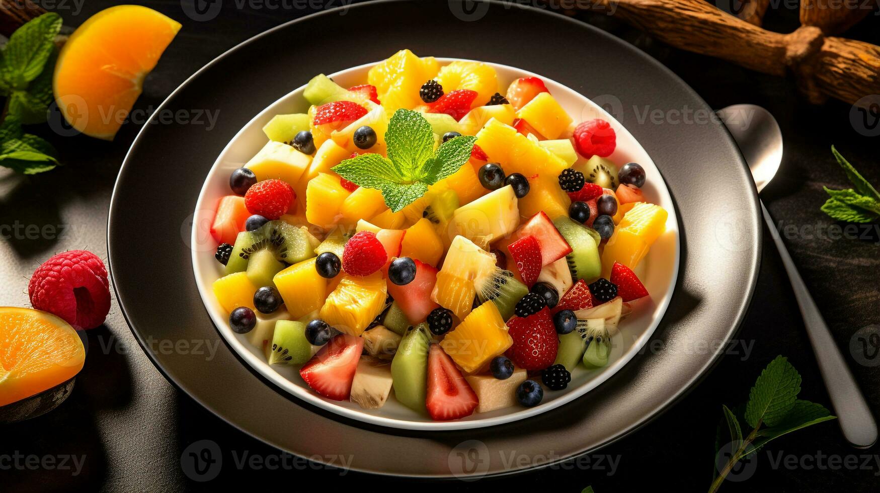 foto de tropical Fruta ensalada con miel-lima vendaje como un plato en un gama alta restaurante. generativo ai