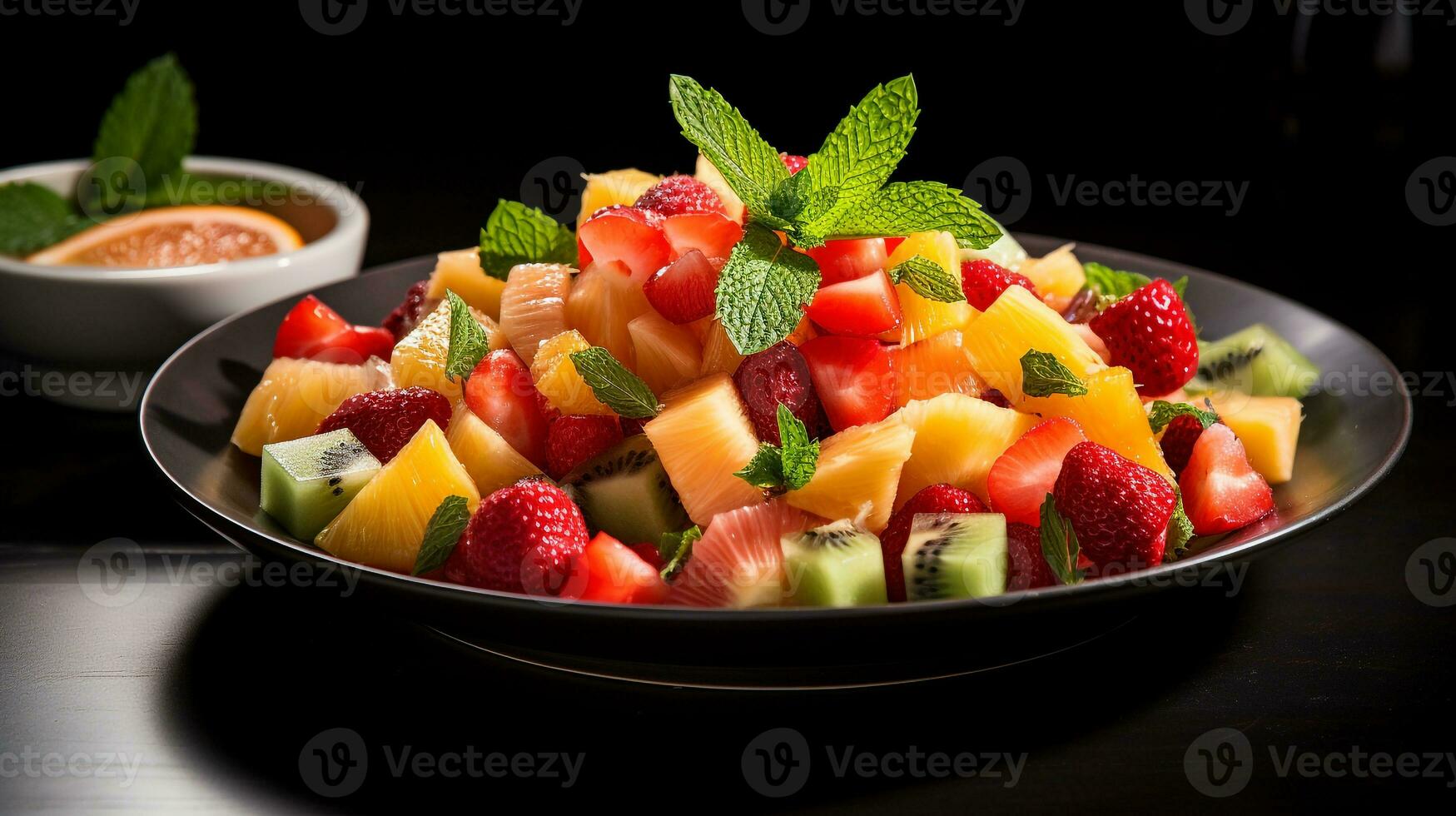 Photo of Tropical Fruit Salad with Lime-Mint Dressing as a dish in a high-end restaurant. Generative AI