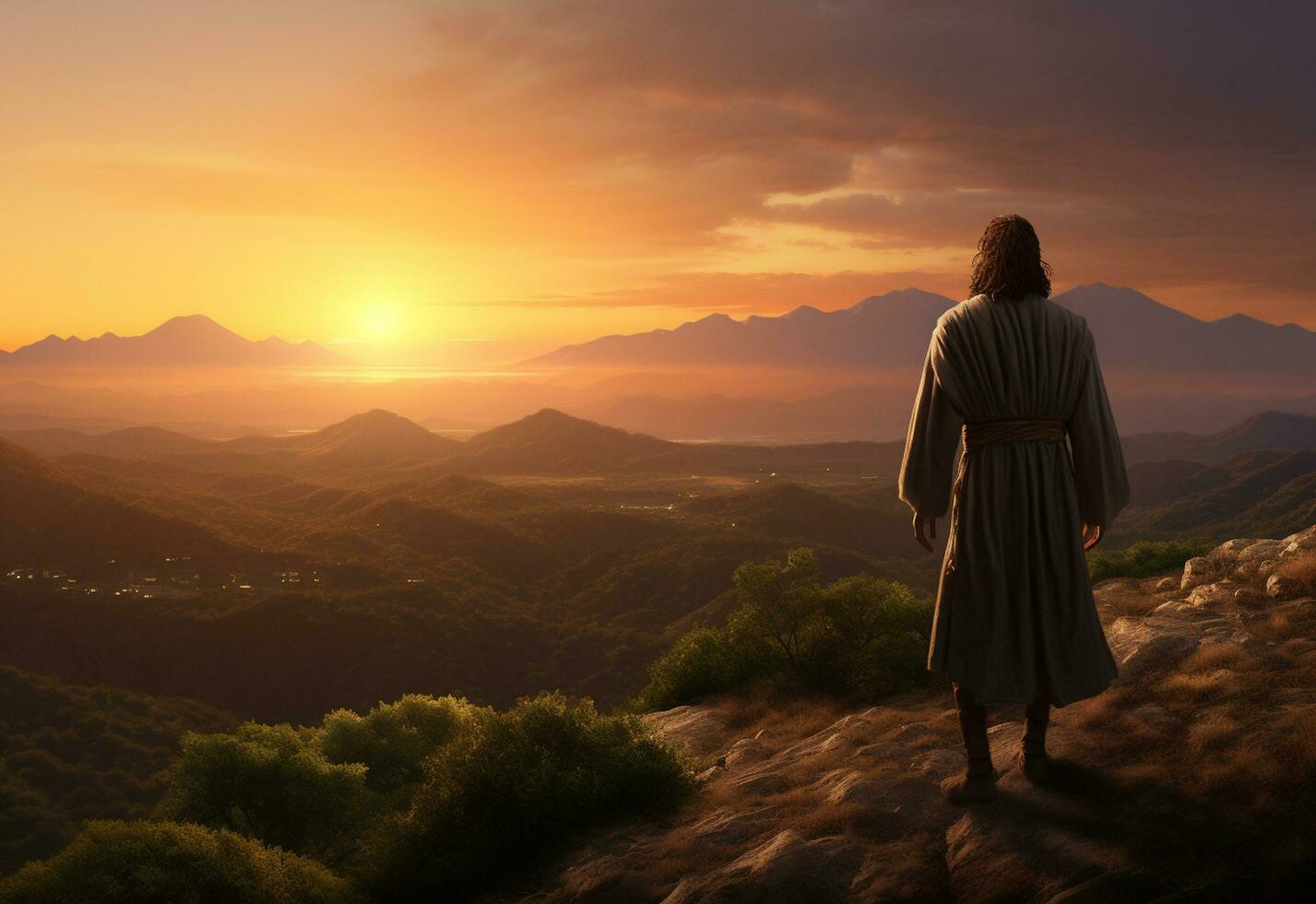Ai generative Jesus Christ in the Hills at Sunset in Bolta realistic image, ultra hd, high design very detailed 8K photo